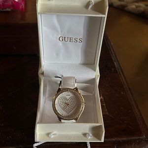 Guess Gold-Tone Watch with White Leather Band